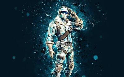 Frostbite, 4k, blue neon lights, Fortnite Battle Royale, Fortnite characters, Frostbite Skin, Fortnite, Frostbite Fortnite