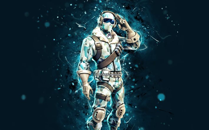 Frostbite, 4k, luzes de n&#233;on azuis, Fortnite Battle Royale, Personagens Fortnite, Frostbite Skin, Fortnite, Frostbite Fortnite