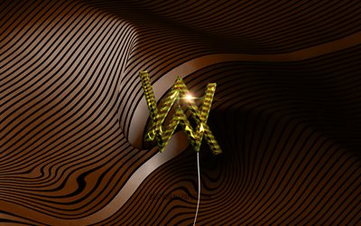 アランウォーカー3Dロゴ, 4K, ノルウェーのDJ, 金色のリアルな風船, アランウォーカーのロゴ, アラン・オラフ・ウォーカー, 茶色の波状の背景, アラン・ウォーカー