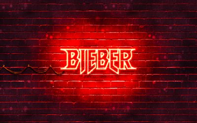 Justin Bieber red logo, 4k, american singer, red brickwall, Justin Bieber logo, Justin Drew Bieber, Justin Bieber, music stars, Justin Bieber neon logo