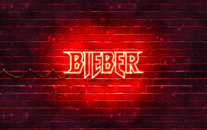 Justin Bieber logo rouge, 4k, chanteur am&#233;ricain, brickwall rouge, logo Justin Bieber, Justin Drew Bieber, Justin Bieber, stars de la musique, logo n&#233;on Justin Bieber