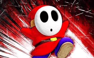4k, Shy Guy, grunge art, ghost, Super Mario, creative, Super Mario characters, red abstract rays, Super Mario Bros, Shy Guy Super Mario