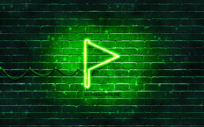 Icona al neon bandiera verde, 4K, sfondo verde, simboli al neon, bandiera verde, icone al neon, segno della bandiera verde, segni del computer, icona della bandiera verde, icone del computer