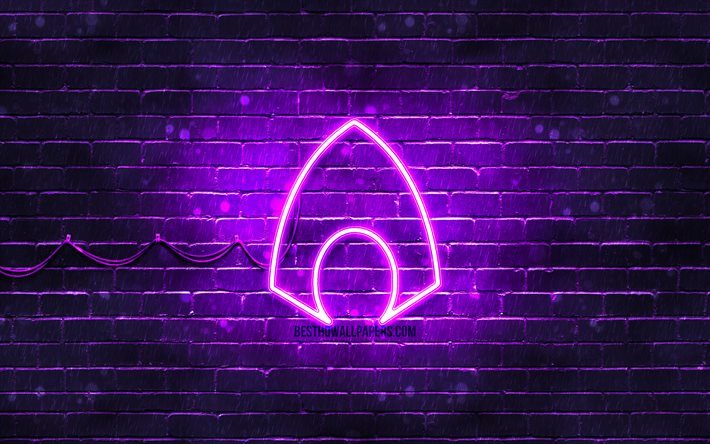 Aquaman violet logo, 4k, violet brickwall, Aquaman logo, superheroes, Aquaman neon logo, Aquaman