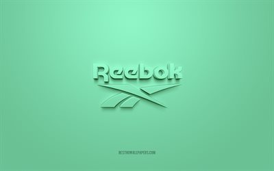 Reebok logo, turquoise background, Reebok 3d logo, 3d art, Reebok, brands logo, turquoise 3d Reebok logo