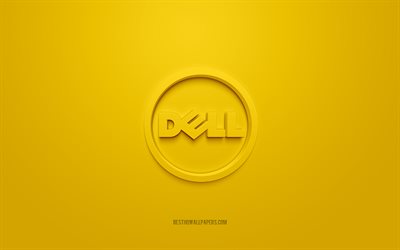 Dell round logo, yellow background, Dell 3d logo, 3d art, Dell, brands logo, Dell logo, yellow 3d Dell logo