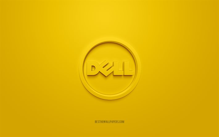 デルの丸いロゴ, 黄色の背景, デルの3Dロゴ, 3Dアート, デル, ブランドロゴ, デルのロゴ, 黄色の3DDellロゴ