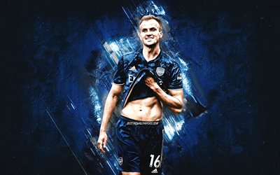 Rob Holding, Arsenal FC, english football player, portrait, blue stone background, Premier League, England, football