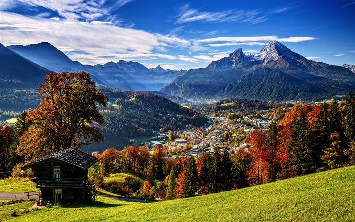 Alemanha, 4k, montanhas, outono, floresta, Baviera, Alpes, vale, bela natureza, Europa