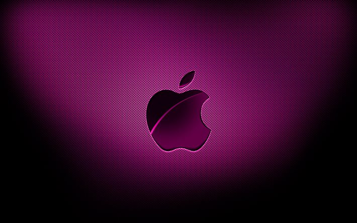 4k, logotipo roxo da Apple, planos de fundo de grade roxos, marcas, logotipo da Apple, arte grunge, Apple