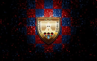 Numancia FC, glitter logo, La Liga 2, blue red checkered background, Segunda, soccer, spanish football club, Numancia logo, mosaic art, football, LaLiga 2, CD Numancia