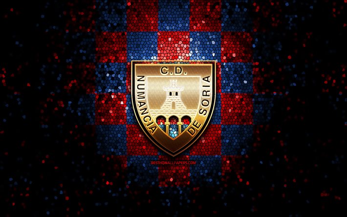 Numancia FC, logo glitter, La Liga 2, sfondo a scacchi rosso blu, Segunda, calcio, squadra di calcio spagnola, logo Numancia, arte del mosaico, LaLiga 2, CD Numancia