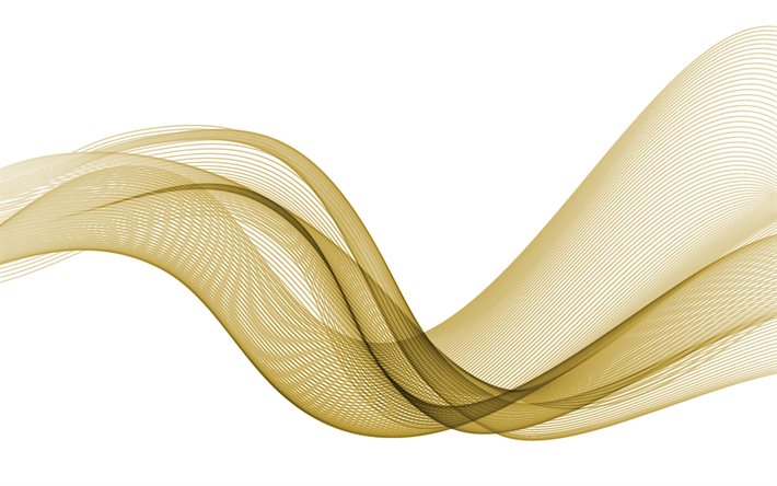 Golden abstract wave, 4k, Golden wave on a white background, Golden waves background, Golden abstraction, waves background, Golden wave smoke