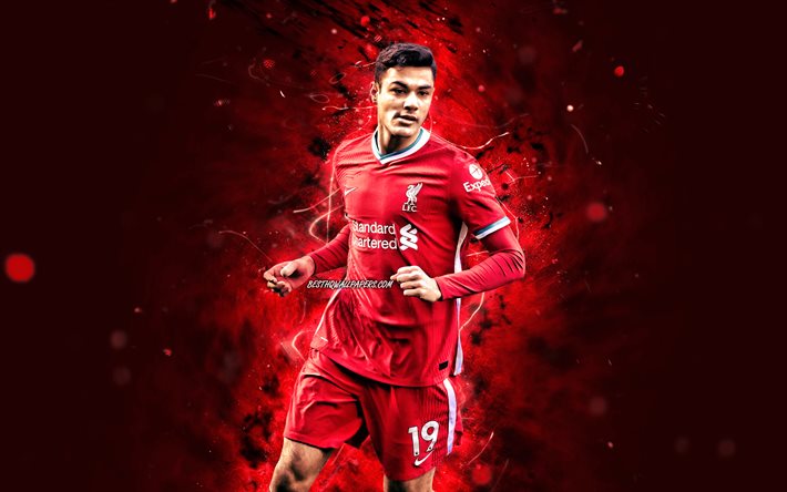 Ozan Kabak, 4k, Liverpool FC, turkish footballers, soccer, Premier League, football, red neon lights, Ozan Kabak Liverpool, Ozan Kabak 4K