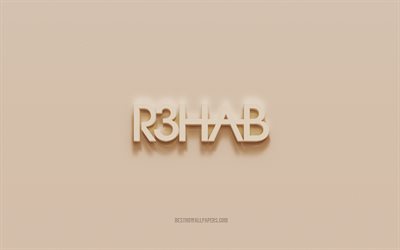 R3hab logo, brown plaster background, R3hab 3d logo, musicians, R3hab emblem, 3d art, R3hab