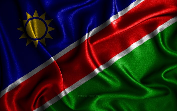 Namibian lippu, 4k, silkkiset aaltoilevat liput, Afrikan maat, kansalliset symbolit, kangasliput, 3D-taide, Namibia, Afrikka, Namibia 3D-lippu