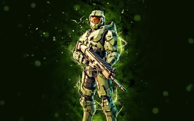 Master Chief, 4k, green neon lights, Fortnite Battle Royale, Fortnite characters, Master Chief Skin, Fortnite, Master Chief Fortnite