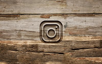 Instagram wooden logo, 4K, wooden backgrounds, social network, Instagram logo, creative, wood carving, Instagram