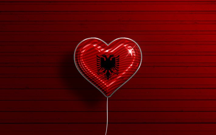 Amo l&#39;Albania, 4k, palloncini realistici, fondo di legno rosso, cuore della bandiera albanese, Europa, paesi preferiti, bandiera dell&#39;Albania, palloncino con bandiera, bandiera albanese, Albania, Amore Albania
