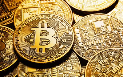 Bitcoin, macro, golden coins, cryptocurrency, Bitcoin logo, coins
