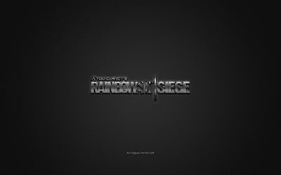 Rainbow Six Siege, popular game, Rainbow Six Siege gray logo, gray carbon fiber background, Rainbow Six Siege logo, Rainbow Six Siege emblem
