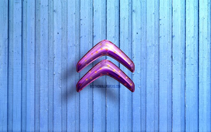 4k, logotipo da Citroen, bal&#245;es realistas violetas, marcas de carros, logotipo 3D da Citroen, fundos de madeira azuis, Citroen