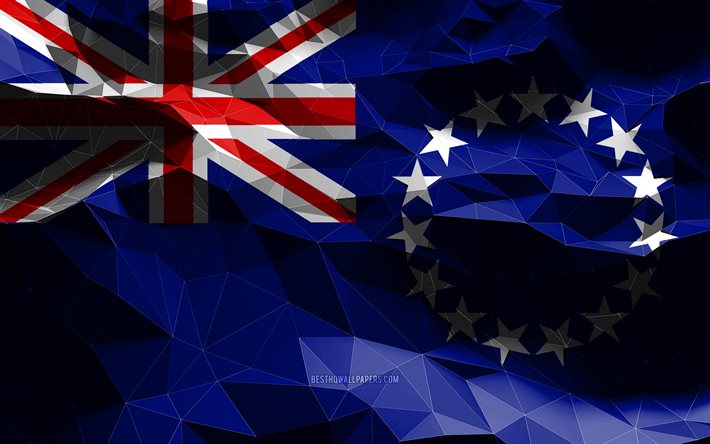 4k, Cook Islands, 低ポリアート, オセアニア諸国, 国のシンボル, クック諸島の旗, 3Dフラグ, オセアニア, クック諸島の3Dフラグ