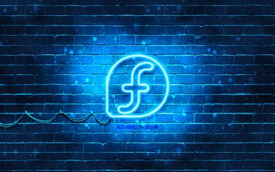 Fedora blue logo, 4k, blue brickwall, Linux, Fedora logo, OS, Fedora neon logo, Fedora