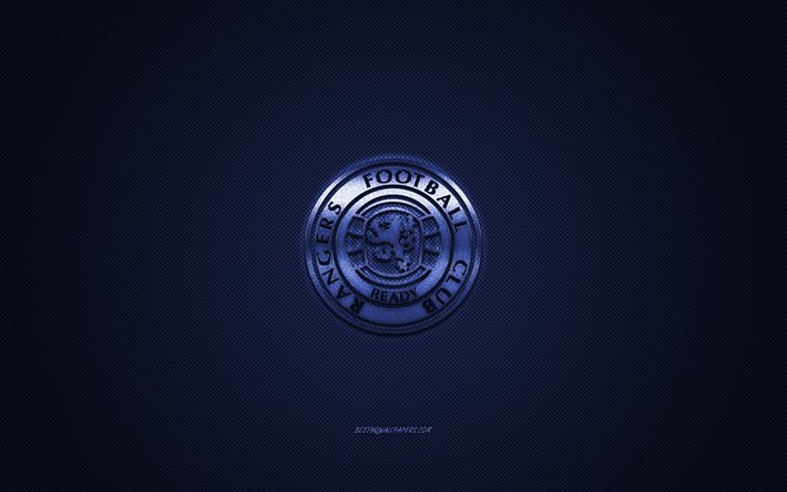 レンジャーズFC, スコットランドのサッカークラブ, スコットランドプレミアシップ, 青いロゴ, 青い炭素繊維の背景, フットボール。, グラスゴー, スコットランド, レンジャーズFCのロゴ