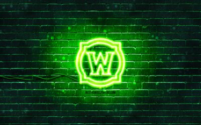 Logotipo verde do World of Warcraft, 4k, WoW, parede de tijolos verde, logotipo do World of Warcraft, criativo, logotipo do n&#233;on do World of Warcraft, logotipo do WoW, World of Warcraft