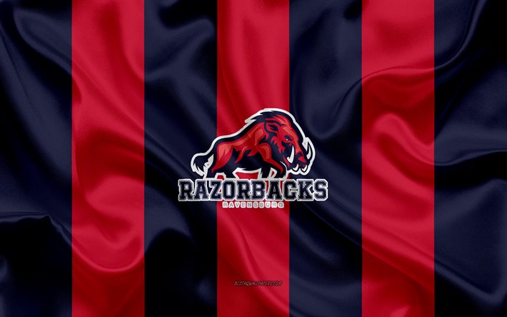 Ravensburg Razorbacks, German American Football Club, GFL, bandeira vermelha preta de seda, logotipo Ravensburg Razorbacks, German Football League, American Football, Ravensburg, Alemanha