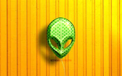 Alienware3Dロゴ, 4K, 緑のリアルな風船, 黄色の木製の背景, ブランド, Alienwareのロゴ, エイリアンウェア