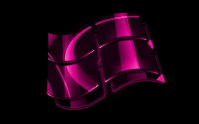 Windowsの紫色のロゴ, 4k, OS, creative クリエイティブ, 黒の背景, Windows, Windows3Dロゴ