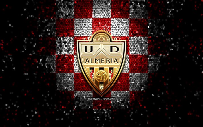 Almeria FC, parlak logo, La Liga 2, kırmızı beyaz damalı arka plan, Segunda, futbol, İspanyol futbol kul&#252;b&#252;, Almeria logosu, mozaik sanatı, LaLiga 2, UD Almeria
