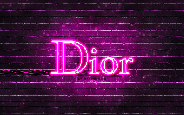 Dior violetti logo, 4k, violetti tiilisein&#228;, Dior logo, muotimerkit, Dior neon logo, Dior
