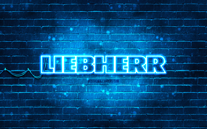 Liebherr bluelogo, 4k, sininen tiilisein&#228;, Liebherr logo, tuotemerkit, Liebherr neon logo, Liebherr