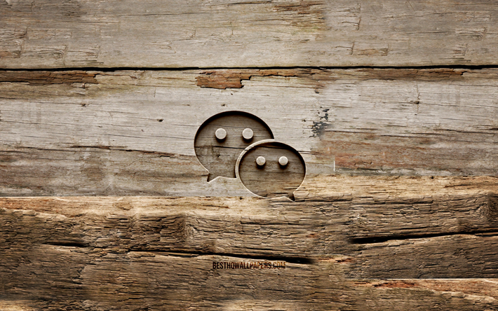 Logotipo de madeira WeChat, 4K, fundos de madeira, rede, Logotipo WeChat, criativo, escultura em madeira, WeChat