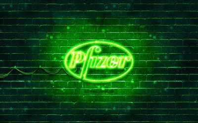 Pfizer green logo, 4k, green brickwall, Pfizer logo, Covid-19, Coronavirus, Pfizer neon logo, Covid vaccine, Pfizer