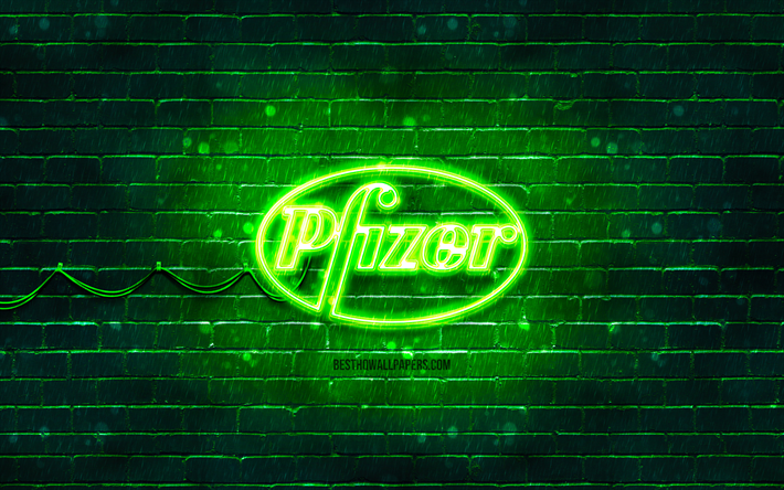 Logotipo verde de Pfizer, 4k, muro de ladrillo verde, logotipo de Pfizer, Covid-19, coronavirus a, logotipo de Pfizer neon, Vacuna contra la Covid, Pfizer