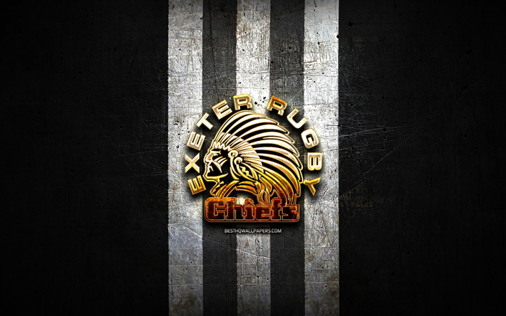 Exeter Chiefs, altın logo, Premiership Rugby, siyah metal arka plan, ingiliz rugby kul&#252;b&#252;, Exeter Chiefs logosu, rugby