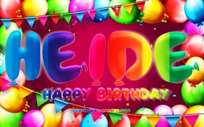 Happy Birthday Heide, 4k, colorful balloon frame, Heide name, purple background, Heide Happy Birthday, Heide Birthday, popular german female names, Birthday concept, Heide