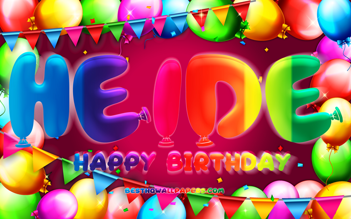 Joyeux anniversaire Heide, 4k, cadre de ballon color&#233;, nom Heide, fond violet, Anniversaire Heide, noms f&#233;minins allemands populaires, Concept d&#39;anniversaire, Heide