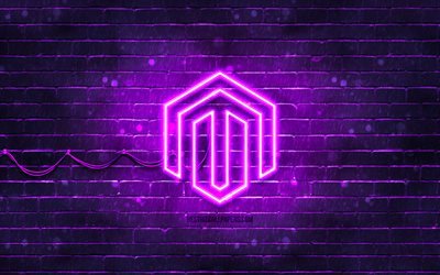Magento violet logo, 4k, violet brickwall, Magento logo, brands, Magento neon logo, Magento