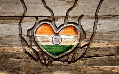 私はインドが大好きです, 4K, 木彫りの手, インドの日, インド国旗, インドの国旗, テイク-ケア-インディア, クリエイティブ, 手にインドの旗, 木彫, アジア諸国, インド