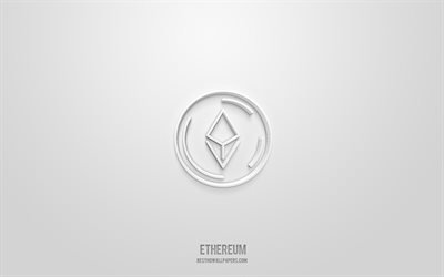 Ethereum 3D &#237;cone, fundo branco, S&#237;mbolos 3d, Ethereum, &#237;cones criptomoeda, &#205;cones 3D, Sinal Ethereum, cryptocurrency 3D &#237;cones