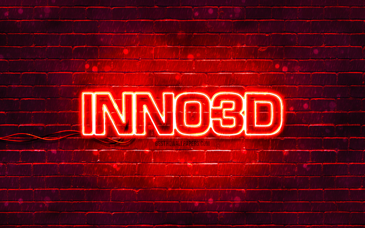 Inno3D kırmızı logo, 4k, kırmızı tuğla duvar, Inno3D logosu, markalar, Inno3D neon logosu, Inno3D