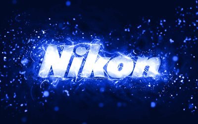 Nikon dark blue logo, 4k, dark blue neon lights, creative, dark blue abstract background, Nikon logo, brands, Nikon