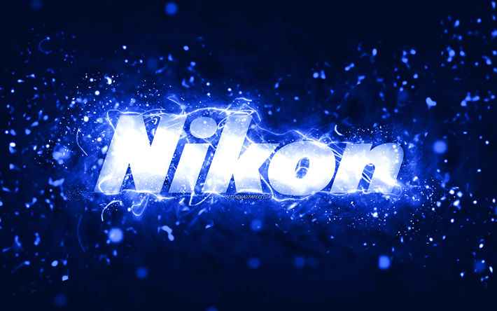 Nikon m&#246;rkbl&#229; logotyp, 4k, m&#246;rkbl&#229; neonljus, kreativ, m&#246;rkbl&#229; abstrakt bakgrund, Nikon logo, varum&#228;rke, Nikon