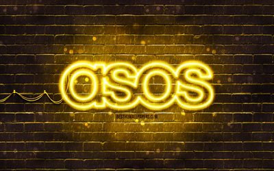 ASOS yellow logo, 4k, yellow brickwall, ASOS logo, brands, ASOS neon logo, ASOS