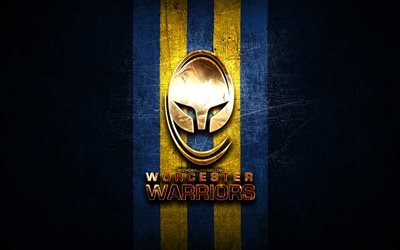 Worcester Warriors, golden logo, Premiership Rugby, blue metal background, english rugby club, Worcester Warriors logo, rugby